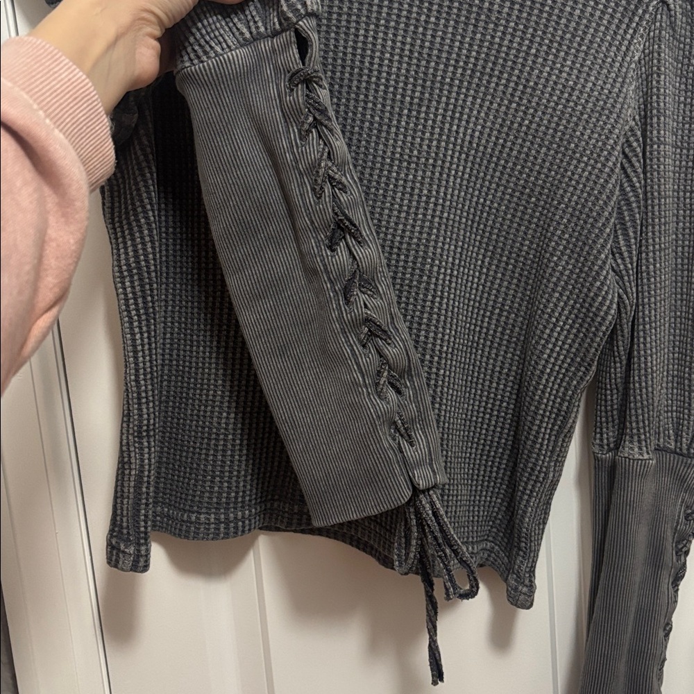 Free People Charcoal Waffle Knit Puff Sleeve Sweater - Picture 4 of 7